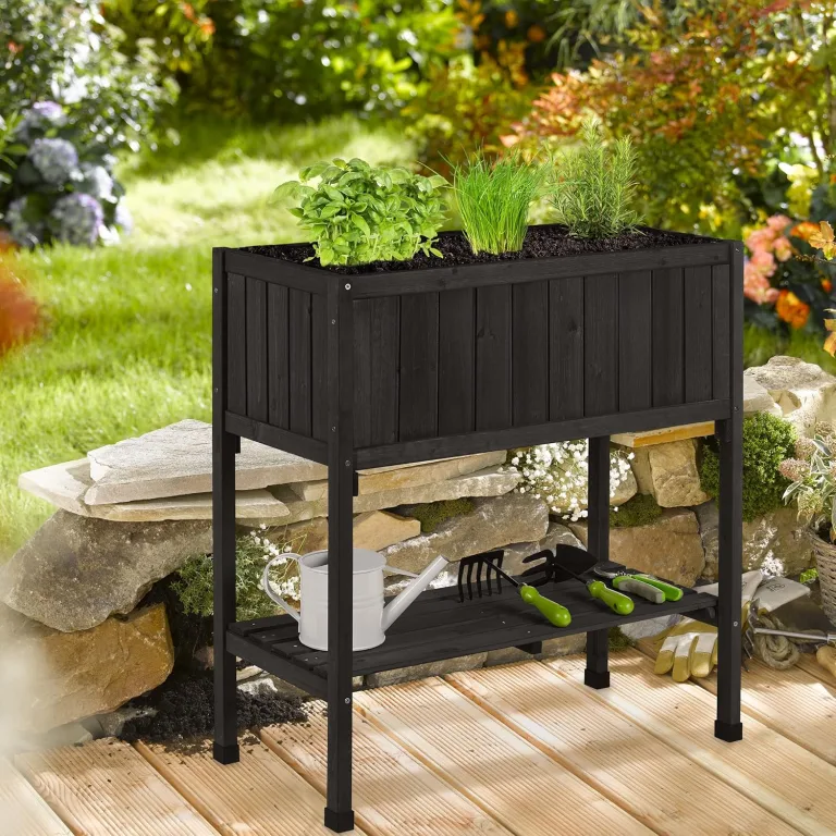 Relaxdays Hochbeet, Folie, Ablage, HxBxT: 80 x 74 x 38 cm, Garten, Balkon & Terrasse, Pflanztisch, Tannenholz, schwarz – Bild 4