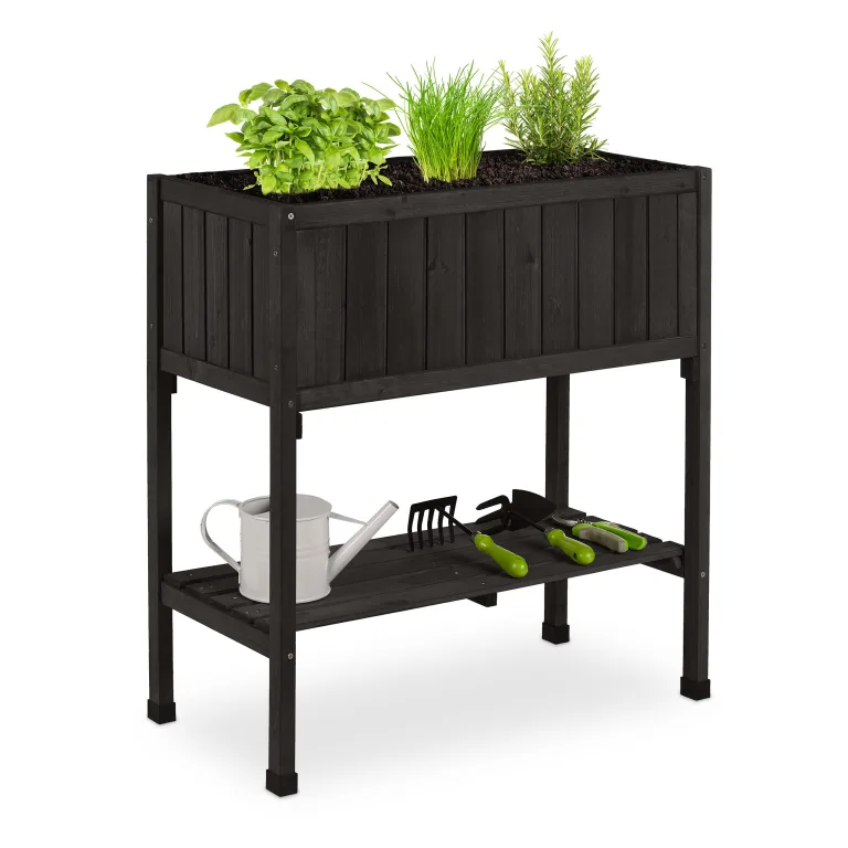 Relaxdays Hochbeet, Folie, Ablage, HxBxT: 80 x 74 x 38 cm, Garten, Balkon & Terrasse, Pflanztisch, Tannenholz, braun – Bild 9