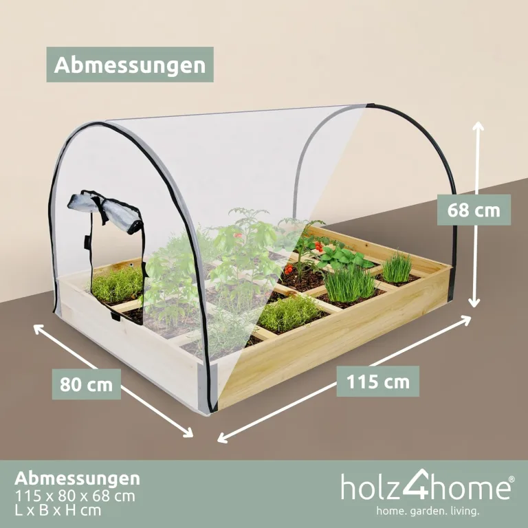 holz4home® Gemüsebeet aus Tannenholz I 115x80x68 cm I Treibhaus mit Abnehmbarer Folie I inkl. Gartenhandschuhe & Einlegevlies I Frühbeet Anzuchtbeet Gartenbeet Blumenbeet Hochbeet – Bild 7