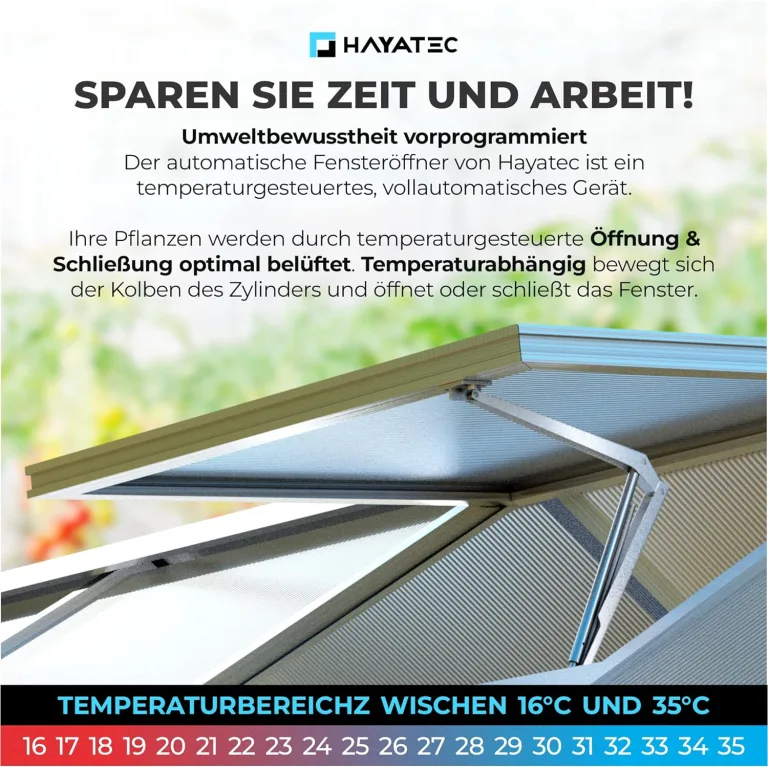 HAYATEC Automatischer Fensteröffner Gewächshaus Fensteröffner Fensterheber Gewächshaus – Temperaturgesteuert, ohne Strom, robust & wetterfest – Hubkraft 7 kg, Hubhöhe 40 cm – einfache Montage – Bild 3