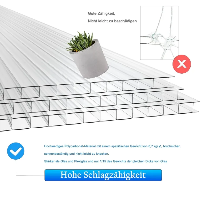 HENGMEI 14x Polycarbonat Platte Doppelstegplatten Transparent 4 mm PC Hohlkammerstegplatten Witterungsbeständig und UV-beständigen für Gewächshaus, Garten Treibhaus, 10,25 m² – Bild 4