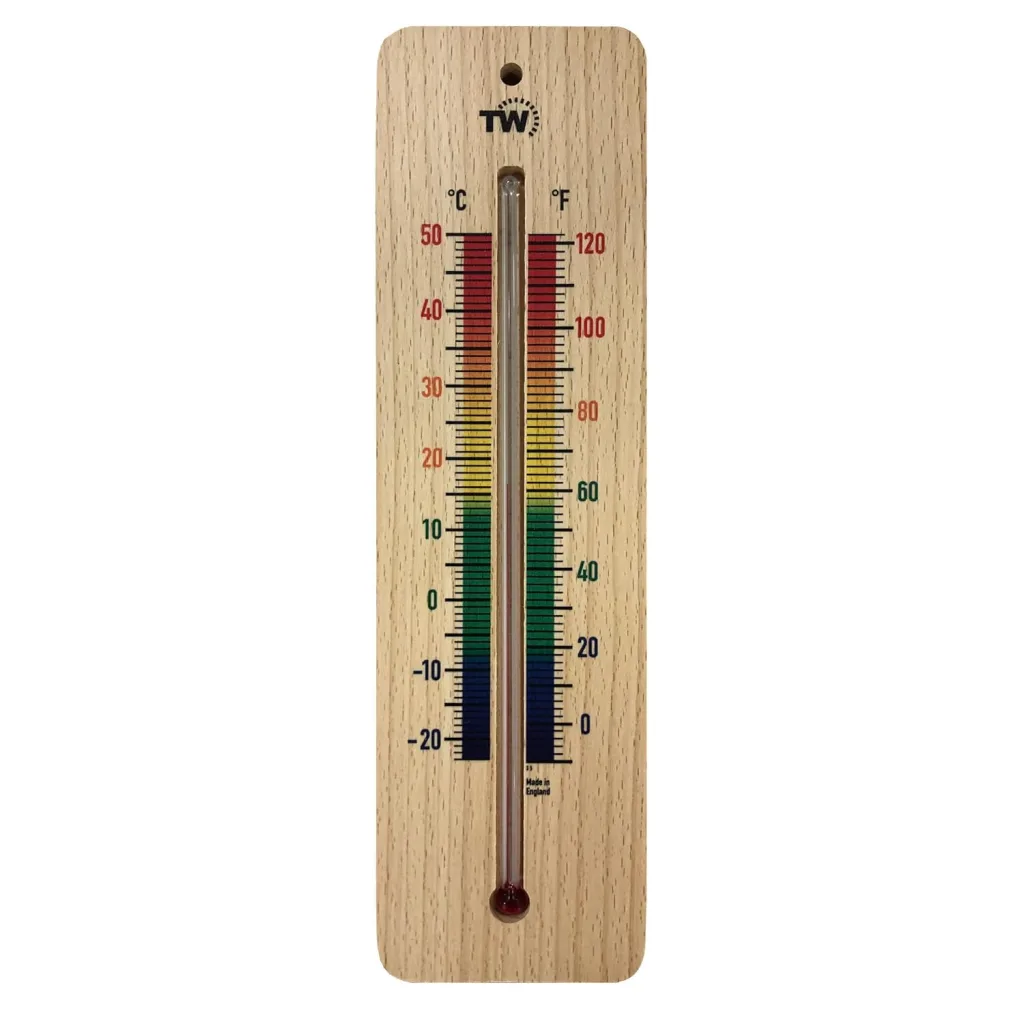 Holzthermometer für den Innenbereich, traditionelles Raumtemperatur-Thermometer, 215 mm, ideal für Zuhause, Büro, Kinderzimmer, Gewächshaus, Schuppen oder Garage, Holz, Wandthermometer, mehrfarbig
