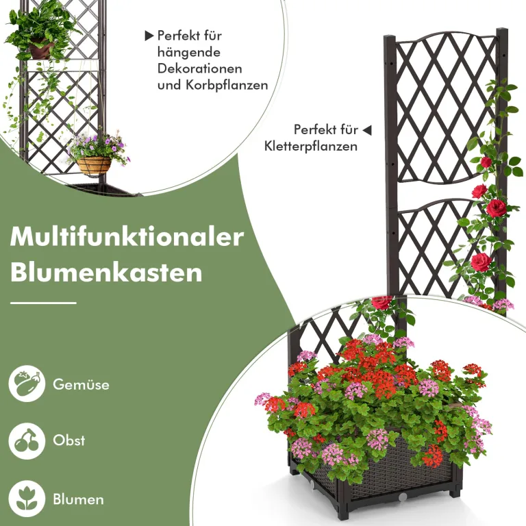 GOPLUS Blumenkasten mit Rankgitter, Hochbeet mit Spalier für Kletterpflanzen & Topfpflanzen, Tiefes Pflanzbeet mit Drainagelöchern für Balkon, Hinterhof & Garten (Braun, 40 x 40 x 122 cm) – Bild 2