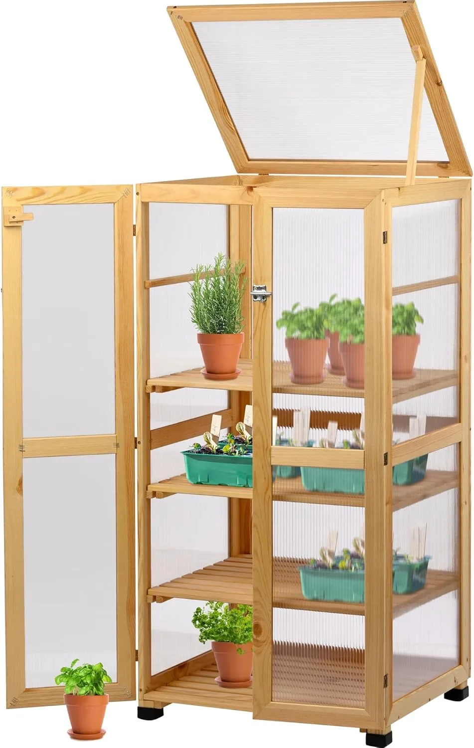 dobar® Großer Anzuchtschrank Dome aus Holz - Gewächshaus mit 4 Ablagen für Innen- und Außenbereich - Treibhaus mit Deckel und Türen - 56 x 52 x 116 cm - Natur
