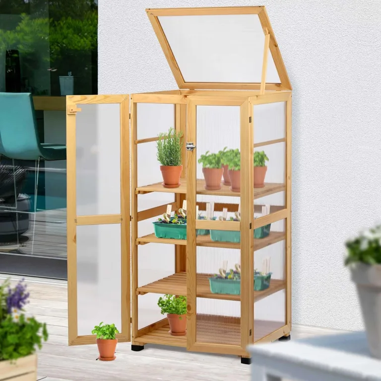 dobar® Großer Anzuchtschrank Dome aus Holz - Gewächshaus mit 4 Ablagen für Innen- und Außenbereich - Treibhaus mit Deckel und Türen - 56 x 52 x 116 cm - Natur – Bild 4