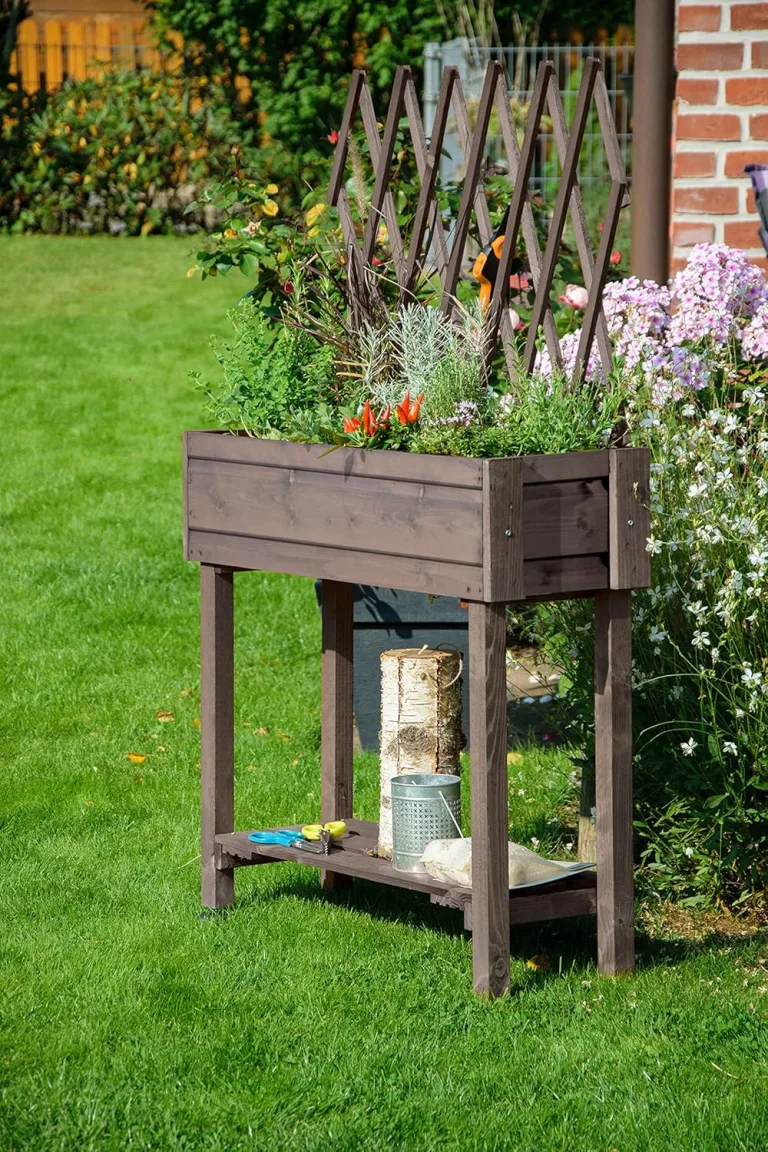 dobar® 58188e rollbares Hochbeet mit Rankgitter | Pflanzkasten auf Rollen | Blumenbeet aus Massiv-Holz | Schmales Kräuterbeet für Garten/Terrasse/Balkon | 79 x 28,5 x 130 cm | Grau – Bild 5