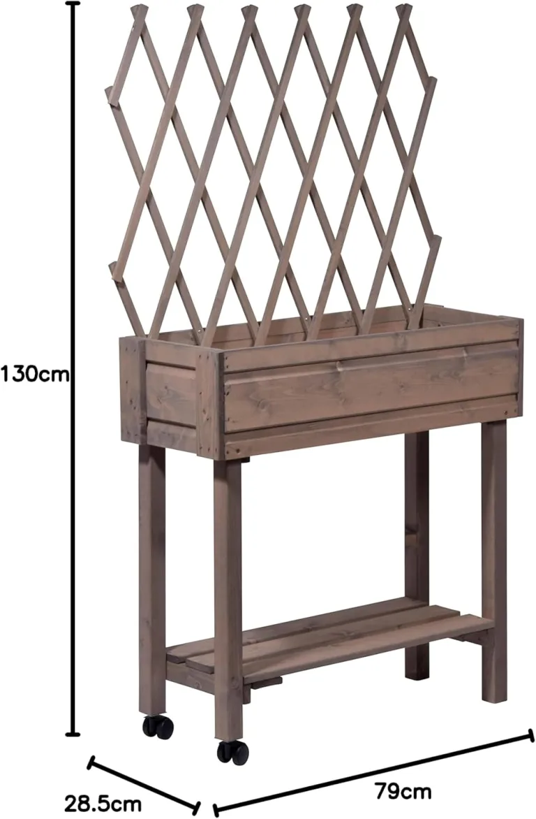 dobar® 58188e rollbares Hochbeet mit Rankgitter | Pflanzkasten auf Rollen | Blumenbeet aus Massiv-Holz | Schmales Kräuterbeet für Garten/Terrasse/Balkon | 79 x 28,5 x 130 cm | Grau – Bild 6