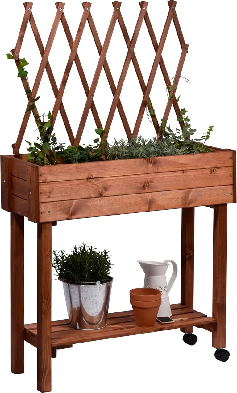 dobar® 58188e rollbares Hochbeet mit Rankgitter | Pflanzkasten auf Rollen | Blumenbeet aus Massiv-Holz | Schmales Kräuterbeet für Garten/Terrasse/Balkon | 79 x 28,5 x 130 cm | Grau – Bild 7