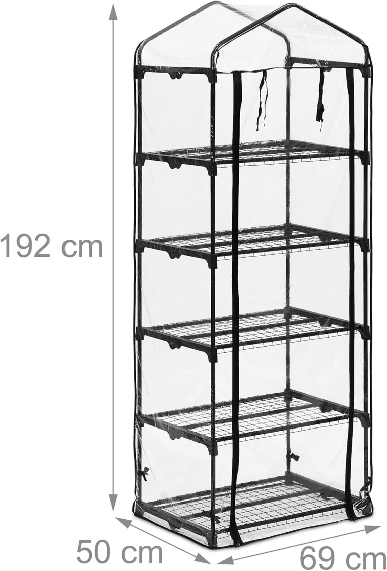 Relaxdays Gewächshaus Balkon, PVC-Folie, Eisen, HxBxT: 192 x 69 x 50 cm, Foliengewächshaus 5 Ebenen, schwarz/transparent – Bild 4
