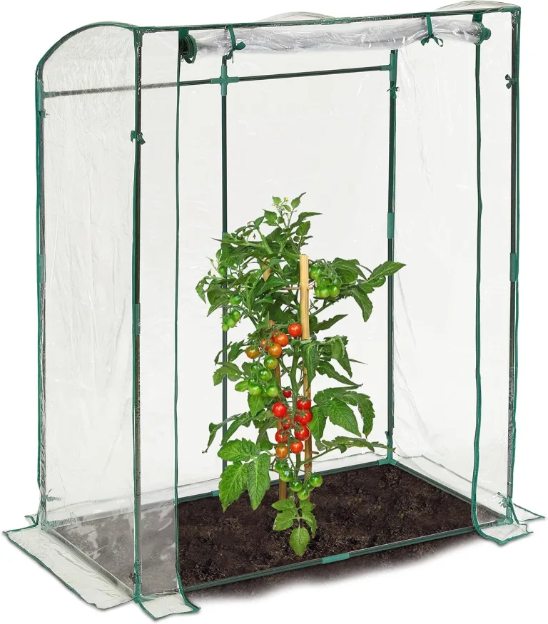Relaxdays Tomatengewächshaus, PVC-Folie, HBT: 170 x 130 x 75 cm, begehbares Foliengewächshaus mit Tür, transparent/grün – Bild 1