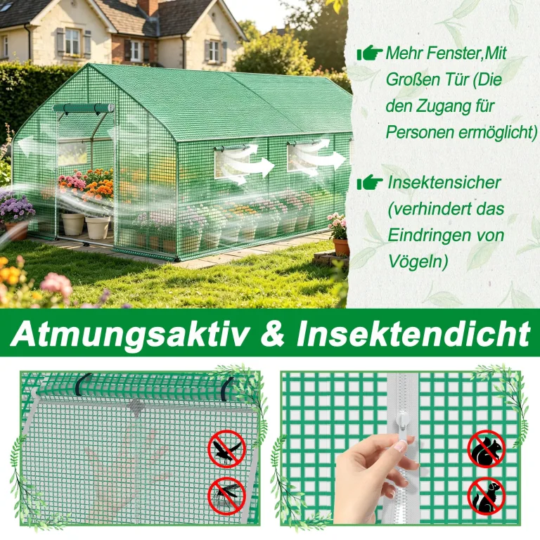 XMTECH Gewächshaus Foliengewächshaus 450x200x200cm Tomatengewächshaus für Gemüse Pflanzen, Obst, Garten, mit UV-beständige Gitternetzfolie und Fernster, Spitzdach, Grün – Bild 5