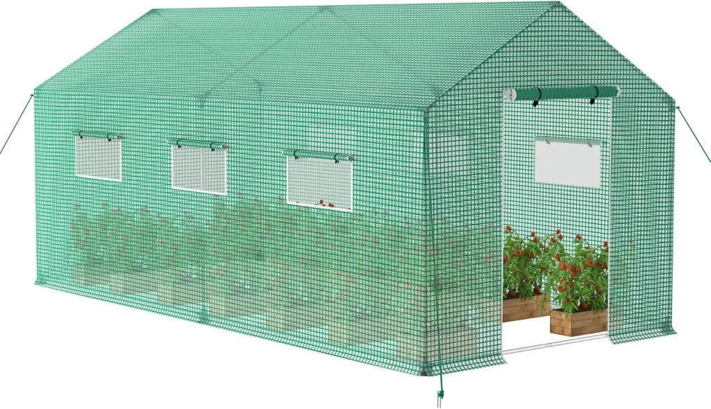 AufuN Foliengewächshaus Gewächshaus 4.5x2x2m für Tomaten, mit Gitternetzfolie und Fernster, Winterfest Folientunnel, Pflanzenhaus, Mehrweg,Schrägdach, Grün