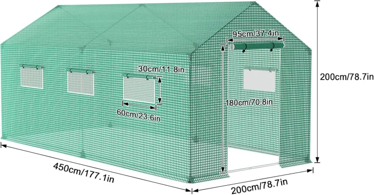 AufuN Foliengewächshaus Gewächshaus 4.5x2x2m für Tomaten, mit Gitternetzfolie und Fernster, Winterfest Folientunnel, Pflanzenhaus, Mehrweg,Schrägdach, Grün – Bild 2