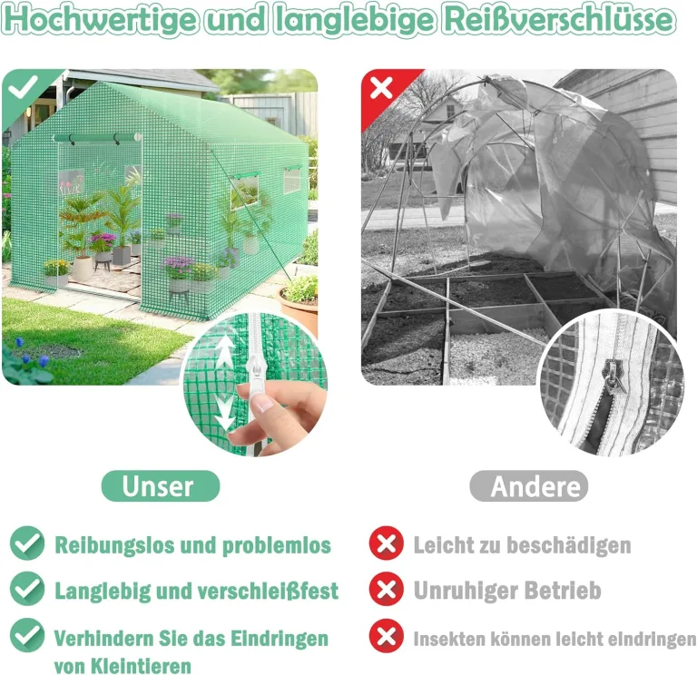 AufuN Foliengewächshaus Gewächshaus 4.5x2x2m für Tomaten, mit Gitternetzfolie und Fernster, Winterfest Folientunnel, Pflanzenhaus, Mehrweg,Schrägdach, Grün – Bild 4