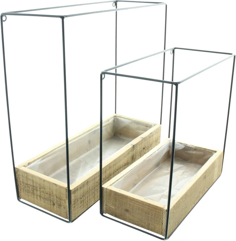 FRANK FLECHTWAREN Wandpflanzer Modern Look, 2er Set, recyceltes Holz, Mattschwarz lackiertes Metall, ausgeschlagen mit Folie, Maße: 31 x 13 x 30 cm, 36 x 13 x 36 cm – Bild 3