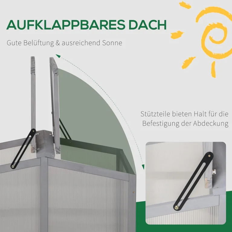 Outsunny Frühbeet Treibhaus Gewächshaus Frühbeetkasten Pflanzenbeet mit Abdeckung aus Holz und Polycarbonat wetterfest Hellgrau 90 x 80 x 58 cm – Bild 4