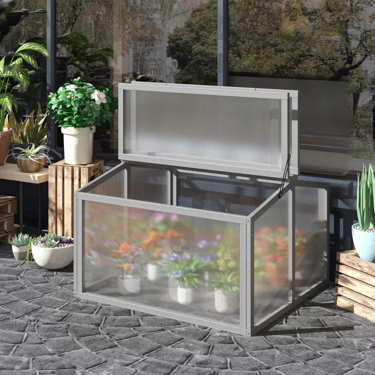 Outsunny Frühbeet Treibhaus Gewächshaus Frühbeetkasten Pflanzenbeet mit Abdeckung aus Holz und Polycarbonat wetterfest Hellgrau 90 x 80 x 58 cm – Bild 2
