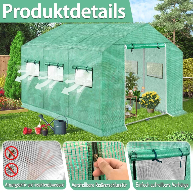 YRHome Gartengewächshäuser Gewächshaus Tomatenhaus Foliengewächshaus Folientunnel Treibhaus Folienzelt Frühbeet Gemüse Pflanzenhaus Gartenhaus mit Fenster für Garten Pflanze Grün 3x2x2m 6m² – Bild 9