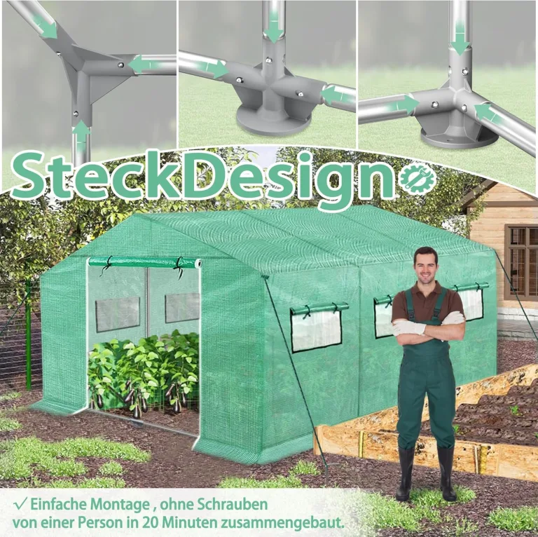 Gartengewächshäuser Gewächshaus Tomatenhaus Foliengewächshaus Folientunnel Treibhaus Folienzelt Frühbeet Gemüse Pflanzenhaus Gartenhaus mit Fenster für Garten Pflanze Grün 4,5x2x2m 9m² – Bild 6