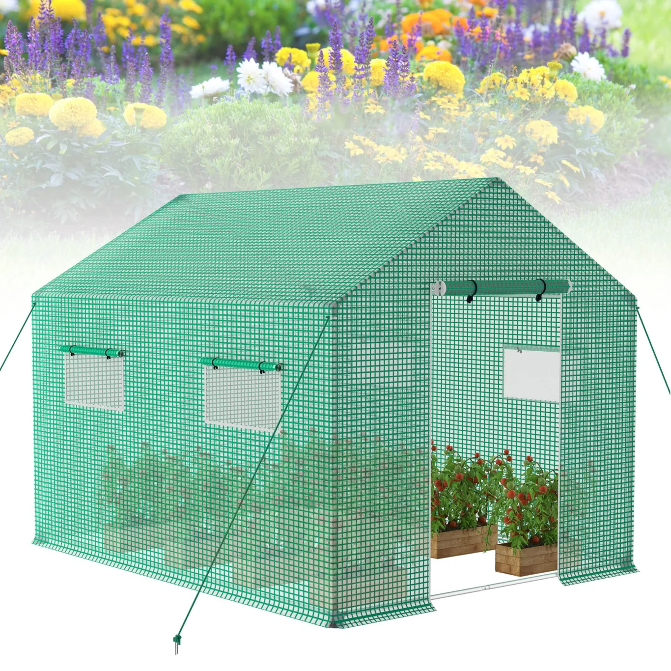 Froadp Gartengewächshäuser aus Verzinktes Rohr Tomatenhaus Winterfest Foliengewächshaus mit Gitternetzfolie Fenster Frostschutz Treibhaus Grün Gewächshaus für Garten Pflanze (6㎡, 3x2x2m) - Bild 1