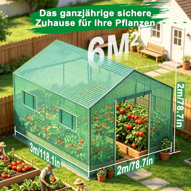 Froadp Gartengewächshäuser aus Verzinktes Rohr Tomatenhaus Winterfest Foliengewächshaus mit Gitternetzfolie Fenster Frostschutz Treibhaus Grün Gewächshaus für Garten Pflanze (6㎡, 3x2x2m) – Bild 2