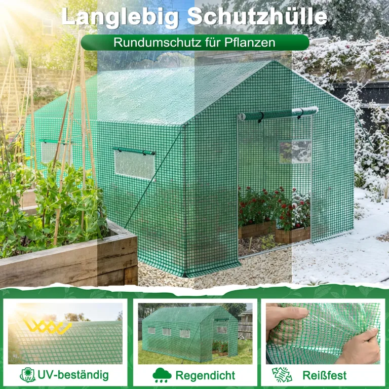 Froadp Gartengewächshäuser aus Verzinktes Rohr Tomatenhaus Winterfest Foliengewächshaus mit Gitternetzfolie Fenster Frostschutz Treibhaus Grün Gewächshaus für Garten Pflanze (6㎡, 3x2x2m) – Bild 3