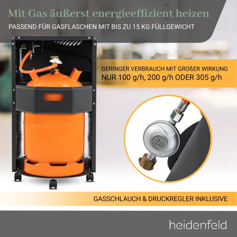 Heidenfeld Gasheizung Inferno GH100 | ???? ???????????????????? ???????????????????????????????? - 4200 Watt - Heizstrahler - Gasheizung für Innenräume - Gasofen - Gasheizer - Gasflaschen bis 15 Kg - Gasschlauch (Schwarz) – Bild 5