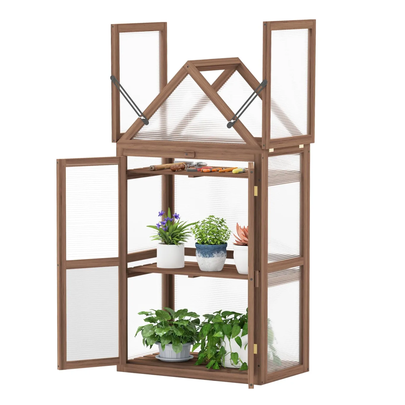 COSTWAY Frühbeet Mini Gewächshaus, 3-stöckiges Pflanzenbeet mit aufklappbarem Dach, Anzuchthaus mit 2 Türen, Treibhaus aus Holz & Polycarbonat, Aufzuchtschrank für Balkon Garten, Braun, 71x41x145cm - Bild 1