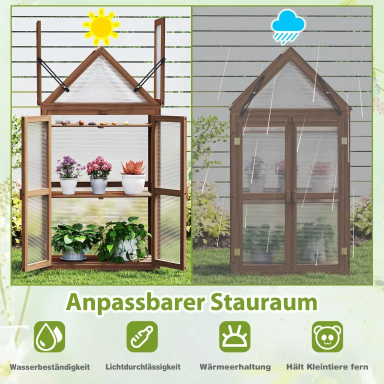 COSTWAY Frühbeet Mini Gewächshaus, 3-stöckiges Pflanzenbeet mit aufklappbarem Dach, Anzuchthaus mit 2 Türen, Treibhaus aus Holz & Polycarbonat, Aufzuchtschrank für Balkon Garten, Braun, 71x41x145cm – Bild 4