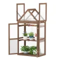 COSTWAY Frühbeet Mini Gewächshaus, 3-stöckiges Pflanzenbeet mit aufklappbarem Dach, Anzuchthaus mit 2 Türen, Treibhaus aus Holz & Polycarbonat, Aufzuchtschrank für Balkon Garten, Braun, 71x41x145cm - Thumbnail 1