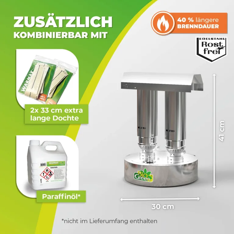 Bio Green Paraffin-Gewächshaus-Heizung WARMAX Power 5 aus Edelstahl | max. 600 Watt | für Gewächshäuser bis 5 m² | max. 3,5 Tage Brenndauer/Füllung – Bild 2
