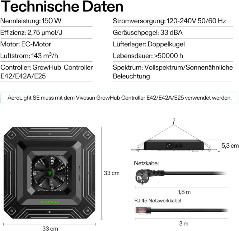 VIVOSUN AeroLight A150SE, LED Grow Lampe 150W mit Integriertem Zirkulationsventilator, Pflanzenlampe Kompatibel mit App, Verwendbar mit GrowHub Controller E42A/E25 für 120x60cm, 90x90cm Growzelt – Bild 15