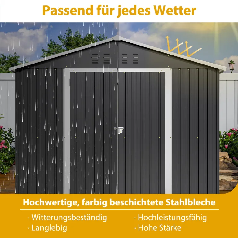 Thanaddo Gerätehaus Metall Groß Geräteschuppen 240x192x191 cm mit Fundamentrahmen, Wetterfest Gartenhaus mit Belüftungslöcher, Abschließbar, Gartenschuppen für Outdoor Garten Hinterhof, Schwarz – Bild 8