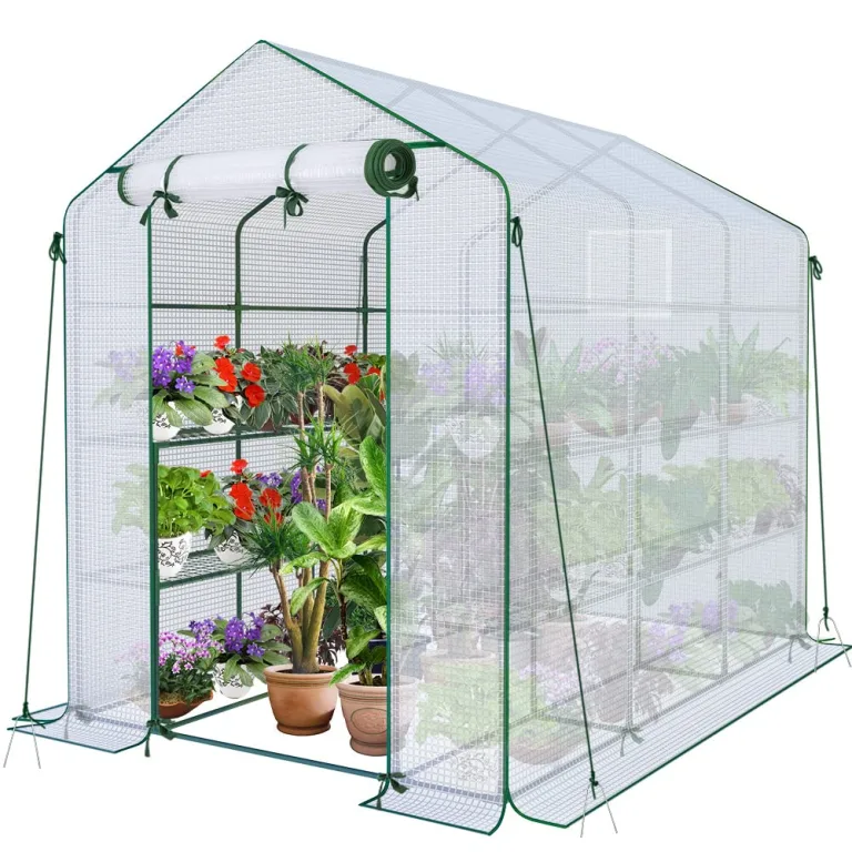 VOUNOT® Gewächshaus Foliengewächshaus, begehbares Gartenhäuschen mit 4 Regalebenen, Tomatenhaus Tomatengewächshaus, Weiß 143x73x195cm – Bild 8