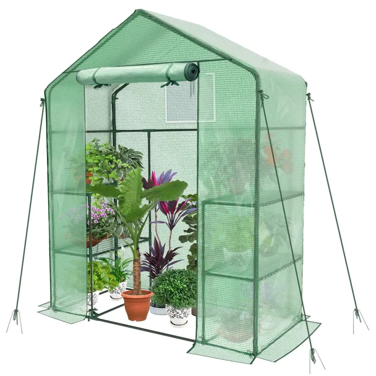 VOUNOT® Gewächshaus Foliengewächshaus, begehbares Gartenhäuschen mit 4 Regalebenen, Tomatenhaus Tomatengewächshaus, Weiß 143x73x195cm – Bild 9