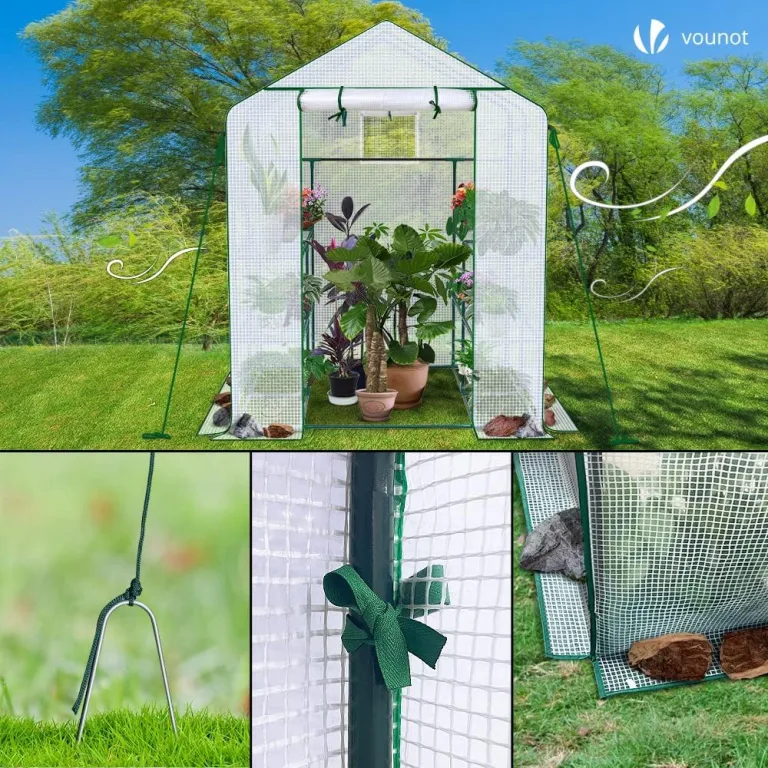 VOUNOT® Gewächshaus Foliengewächshaus, begehbares Gartenhäuschen mit 8 Regalebenen, Tomatenhaus Tomatengewächshaus, Weiß 143x143x195cm – Bild 8
