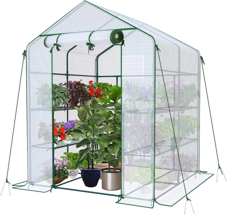 VOUNOT® Gewächshaus Foliengewächshaus, begehbares Gartenhäuschen mit 8 Regalebenen, Tomatenhaus Tomatengewächshaus, Weiß 143x143x195cm – Bild 1