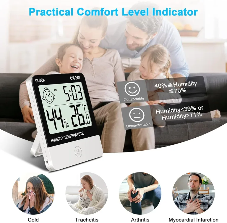 Flintronic Thermometer Hygrometer Innen, Mini LCD Anzeige Von Zeit Temperatur, Luftfeuchtigkeitsmesser mit Raumklima-Indikator für Innenbereich, Zuhause,Büro, Schule, Hotel und Gewächshaus(9 X 10 CM) – Bild 3