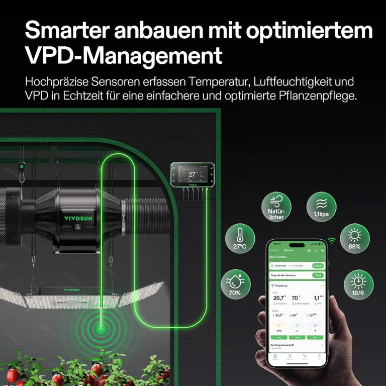 VIVOSUN Smart Rohrventilator 100mm AeroZesh T4 PRO Abluftventilator 357m³/h mit GrowHub E42A+, VPD-Regler, WiFi/App-Fernsteuerung, Ventilator Growbox Rohrlüfter für Growzelte Gewächshäuser – Bild 2