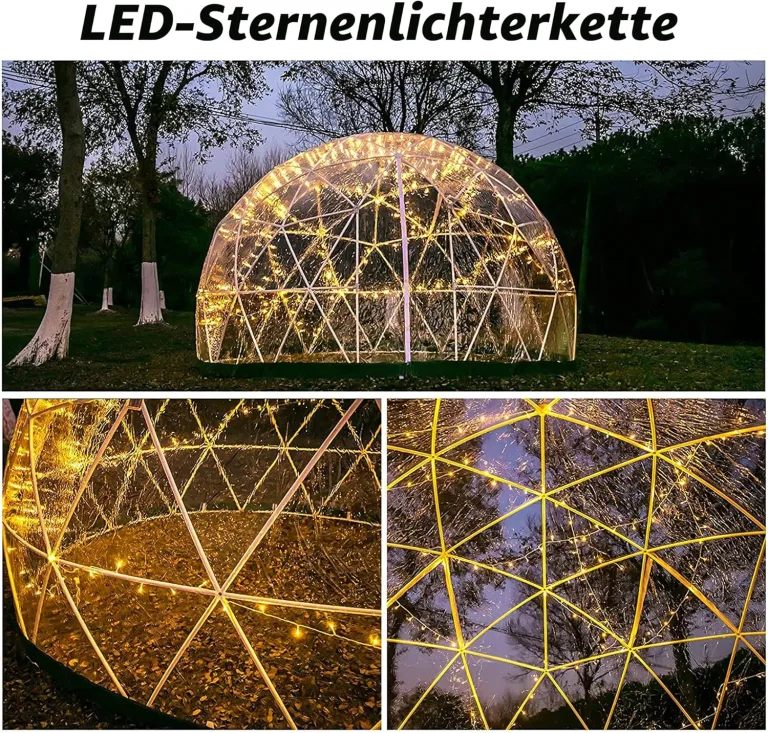 Gewächshaus Gartenkuppel Iglu, 3,6 x 2,2 m, PVC-Kuppelzelt, witterfest, Blasenzelt mit 2 x 10 m Lichterketten, transparente Hülsenabdeckung, Geodätsystem – Bild 4