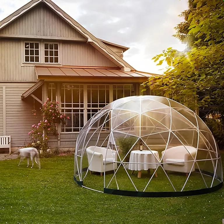 Gewächshaus Gartenkuppel Iglu, 3,6 x 2,2 m, PVC-Kuppelzelt, witterfest, Blasenzelt mit 2 x 10 m Lichterketten, transparente Hülsenabdeckung, Geodätsystem – Bild 8