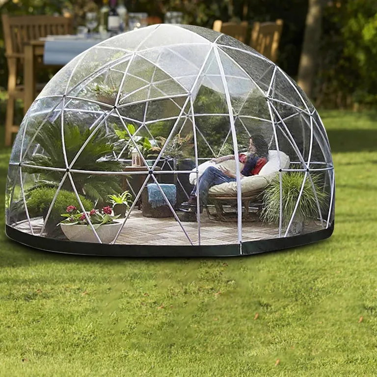 Gewächshaus Gartenkuppel Iglu, 3,6 x 2,2 m, PVC-Kuppelzelt, witterfest, Blasenzelt mit 2 x 10 m Lichterketten, transparente Hülsenabdeckung, Geodätsystem – Bild 9