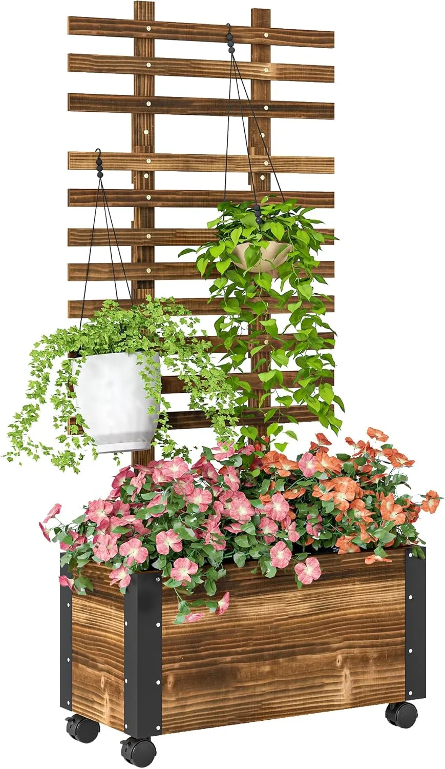 Outsunny Hochbeet Pflanzkasten mit Rankgitter, Spalier Pflanzkübel Blumenkasten Holz, Gemüsebeet mit Rollen, Rankhilfe, Gartenspalier 65x31x147cm für Garten, für Kletterpflanzen, Blumen, Verkohlt - Bild 1