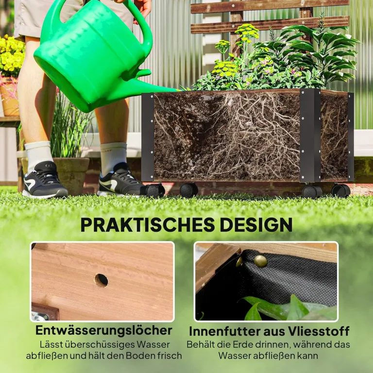 Outsunny Hochbeet Pflanzkasten mit Rankgitter, Spalier Pflanzkübel Blumenkasten Holz, Gemüsebeet mit Rollen, Rankhilfe, Gartenspalier 65x31x147cm für Garten, für Kletterpflanzen, Blumen, Verkohlt – Bild 6