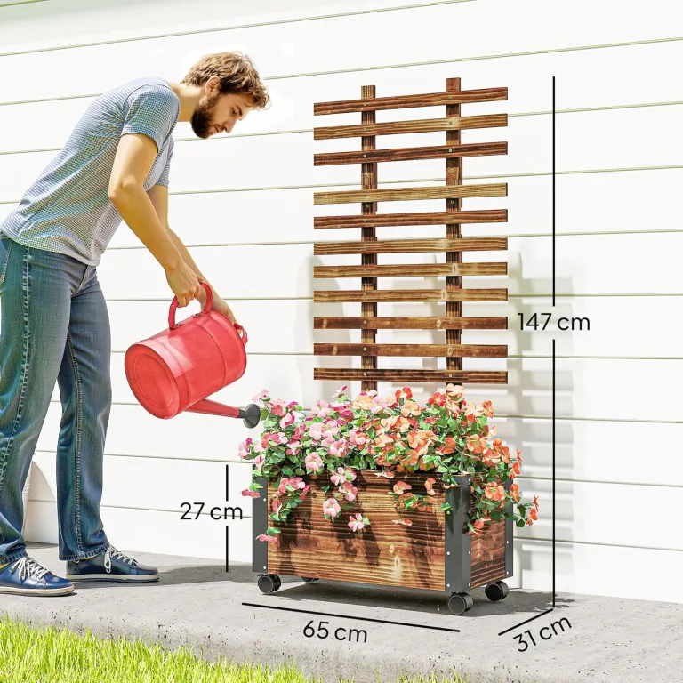Outsunny Hochbeet Pflanzkasten mit Rankgitter, Spalier Pflanzkübel Blumenkasten Holz, Gemüsebeet mit Rollen, Rankhilfe, Gartenspalier 65x31x147cm für Garten, für Kletterpflanzen, Blumen, Verkohlt – Bild 7