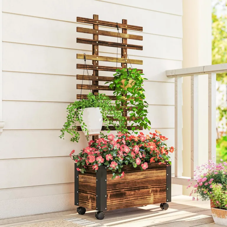 Outsunny Hochbeet Pflanzkasten mit Rankgitter, Spalier Pflanzkübel Blumenkasten Holz, Gemüsebeet mit Rollen, Rankhilfe, Gartenspalier 65x31x147cm für Garten, für Kletterpflanzen, Blumen, Verkohlt – Bild 8