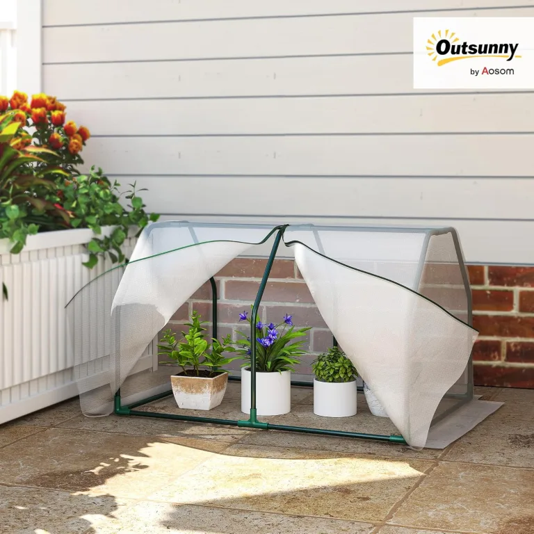 Outsunny Gewächshaus mit PE-Gitterfolie, UV-beständige Foliengewächshaus aus Stahl, Treibhaus für Balkon, Garten, Tomatenhaus 99x71x60cm, Tomatengewächshaus für Gemüse, Blumen, Pflanzen, Weiß – Bild 2