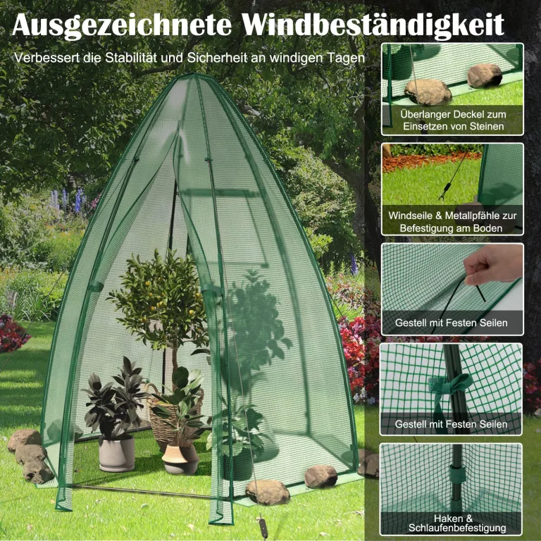 COSTWAY Foliengewächshaus Gewächshaus, Treibhaus mit PE-Abdeckung, Rolltür und Mesh-Fenster, Tomatengewächshaus Tomatenhaus, Pflanzenhaus für Tomaten & Topfpflanzen, 160x160x183 cm, Grün – Bild 7