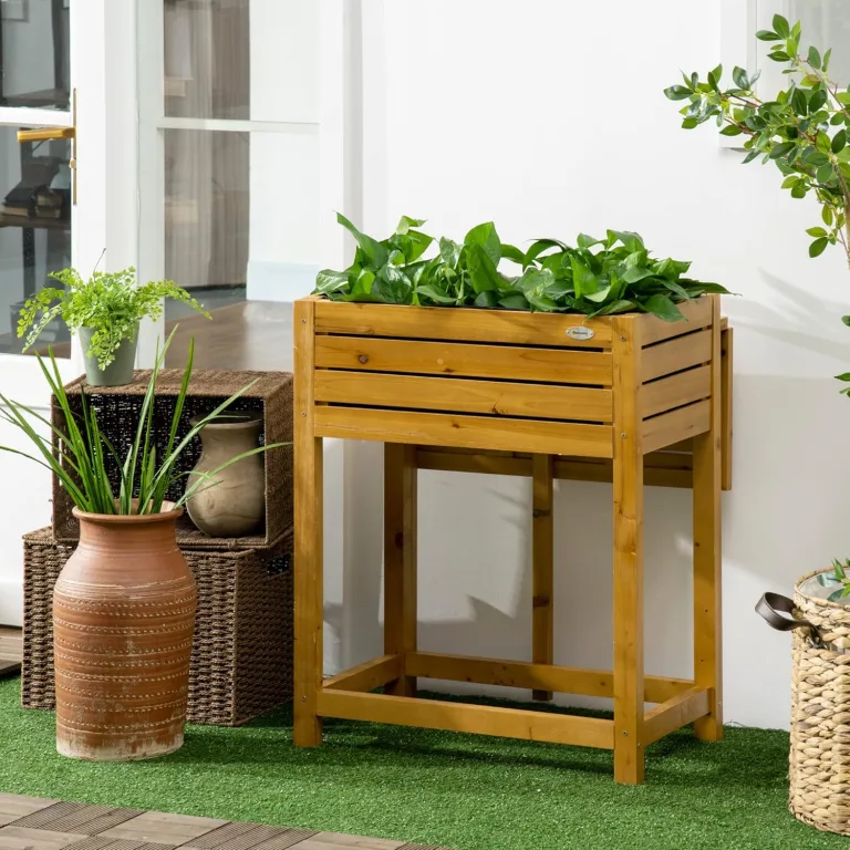 Outsunny Hochbeet Blumenkasten Pflanzkasten mit klappbarer Tischplatte, Kräuterbeet mit Innenverkleidung aus Vlies, für Garten, Terrasse, Holz, Braun, 64 x 63 x 74,5 cm – Bild 3