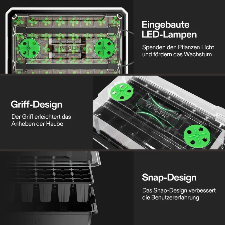 VIVOSUN Anzuchtset mit 40-Zellen-Starter-Tablett, LED-Pflanzenlicht und 25×52cm Heizmatte, Mini-Gewächshaus mit 9cm hoher Haube, Verstellbarer Belüftung und Abflusslöchern für Sämlinge – Bild 5